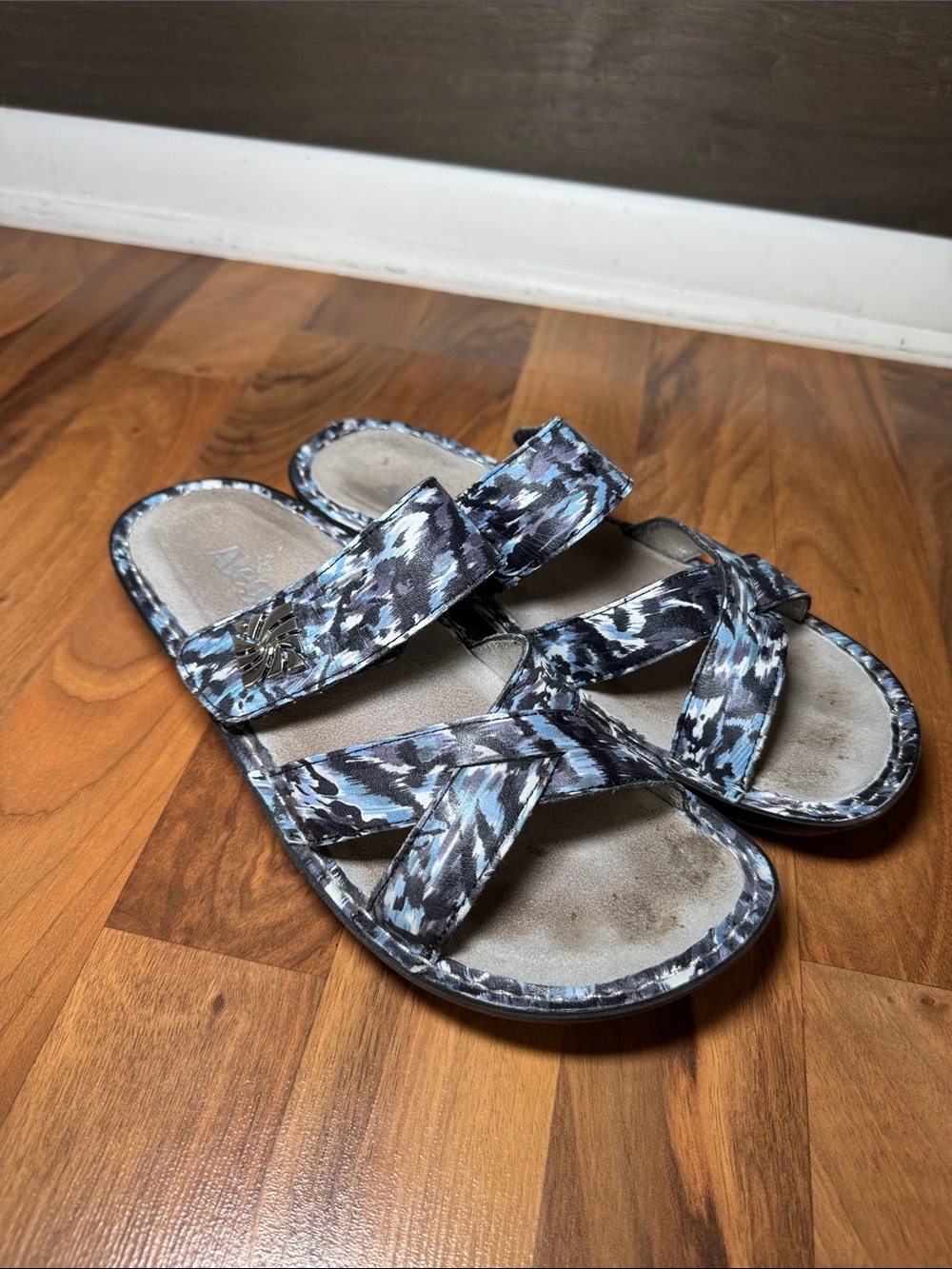 Alegria Blue Multi-Pattern Slide Sandals